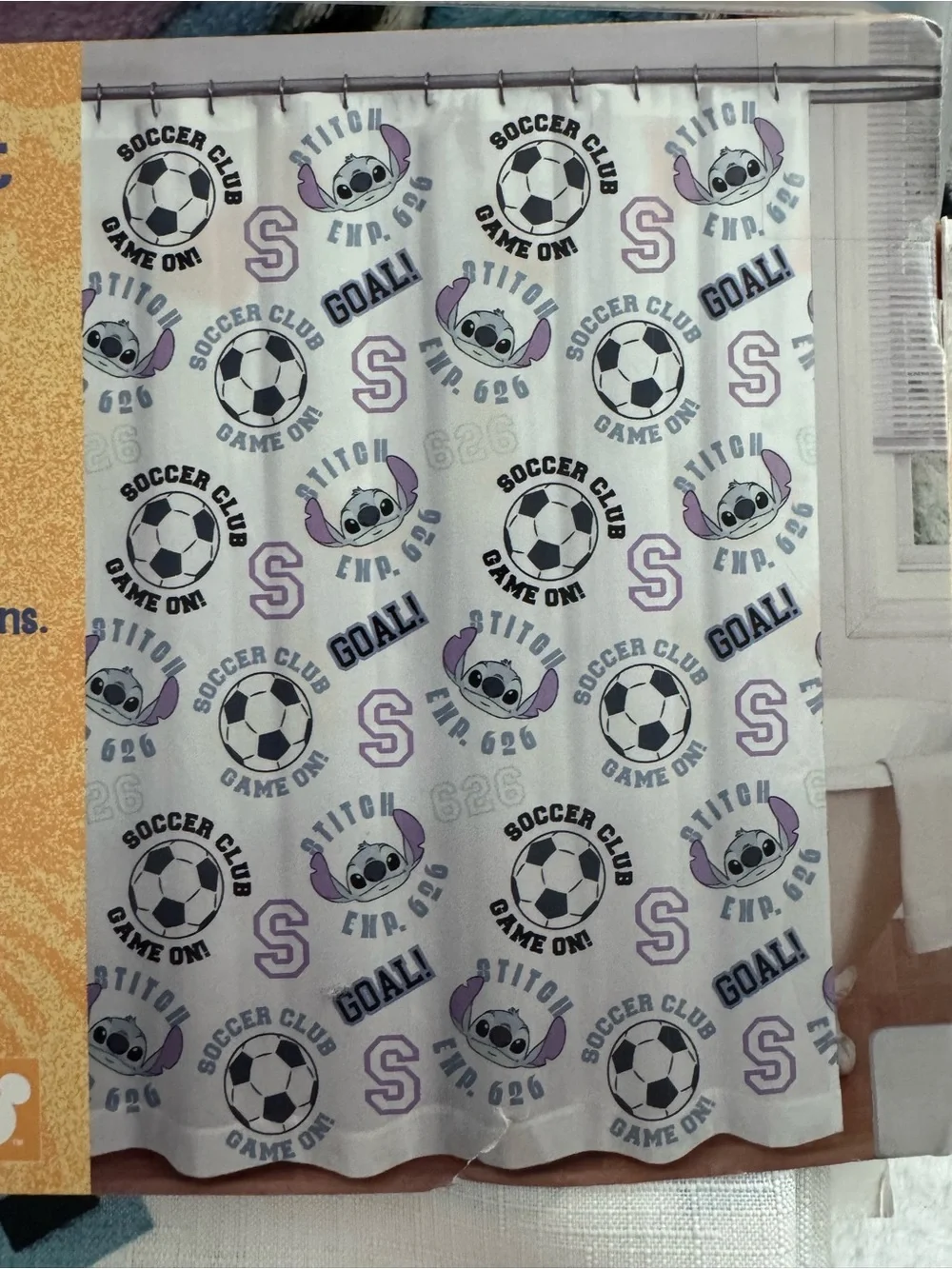 Disney Stitch Soccer Club Shower Curtain in White, Purple, and Black